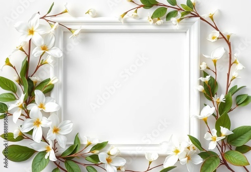 Elegant empty square frame adorned with white flowers and leaves; simple floral still life, neutral colors, frame design