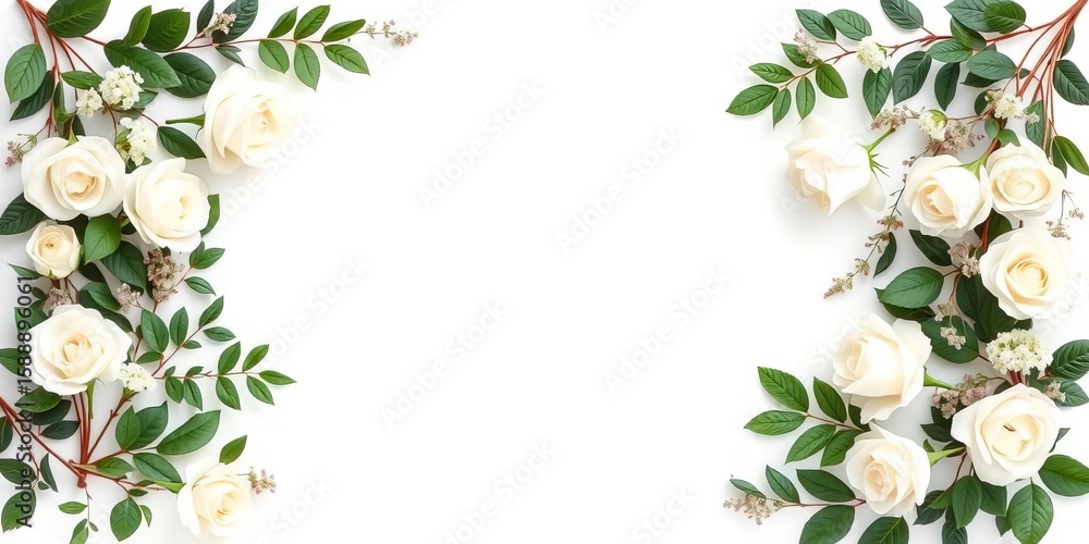 Naklejka premium Elegant white rose & greenery floral border frame on white background , floral frame, blossom