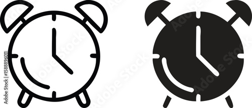 Alarm Clock Icon Set – Black and White Vector Time Symbols for Wake Up and Schedule