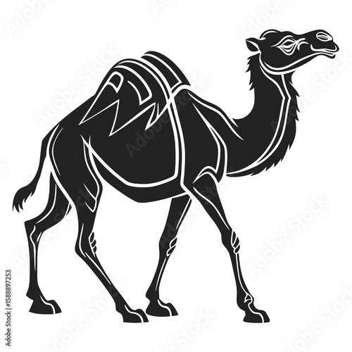 Stylized camel illustration in black and white