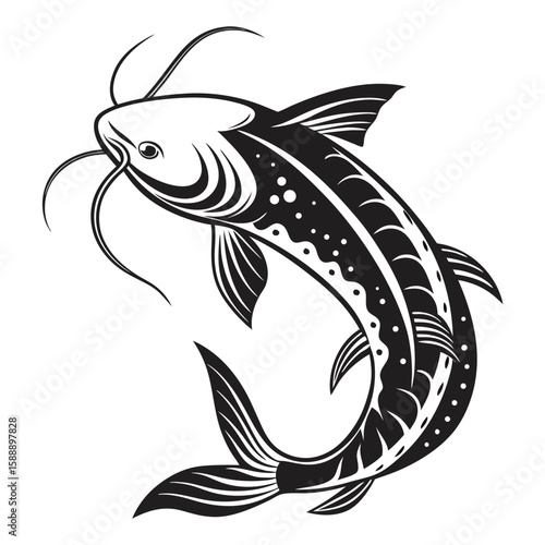 A stylized catfish swimming gracefully, isolated on white background