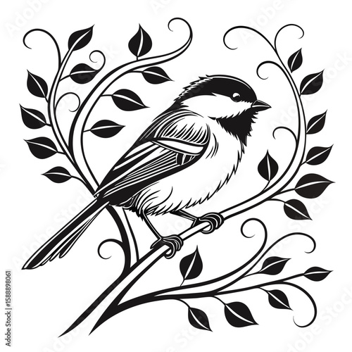 Stylized chickadee perched on a branch with leaves