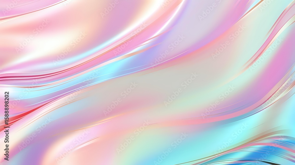Obraz premium Smooth flowing waves in soft pastel colors create dreamy holographic effect with pink, mint and blue iridescent gradients merging into ethereal abstract background.