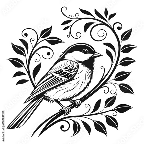 A chickadee bird perched on an ornate branch