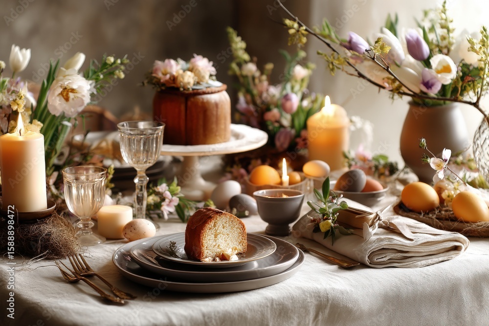 Rustic spring table setting with floral decor, candles, and fresh pastries in natural light Rustic spring table setting with floral decor, candles, and fresh pastries in natural light