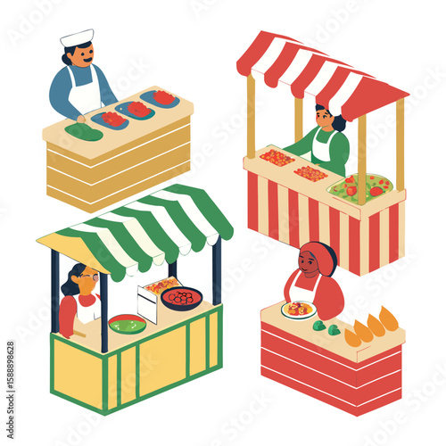 Vector illustration of food vendors at market stalls