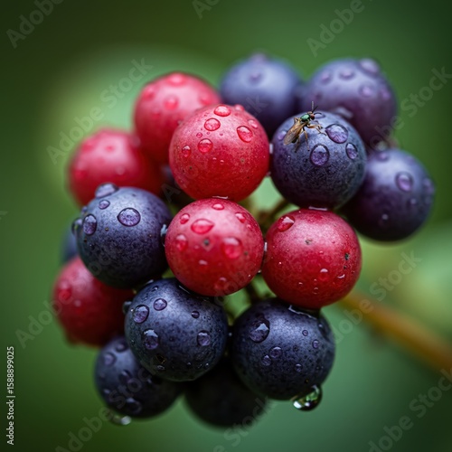 Wallpaper Mural Detailed Macro: Rain-Kissed Berries with Tiny Insect and Bokeh Background. 8K. Torontodigital.ca