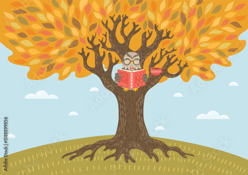 Autumn. Owl reads book on big tree. Children illustration, literature, storytime, education concept.
