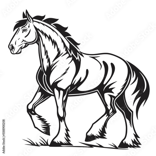 A strong shire horse standing on grass in a side profile view