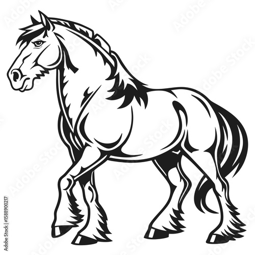 A powerful shire horse standing proudly in a side profile view