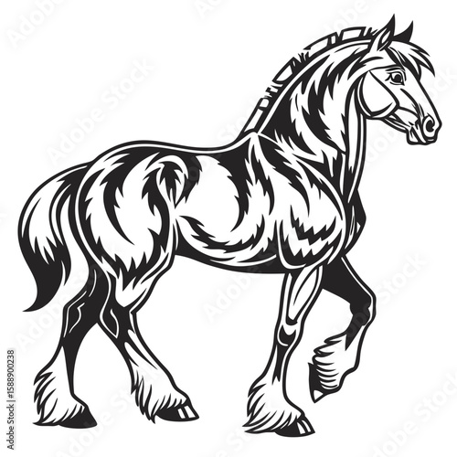 A majestic shire horse captured in a dynamic side profile stance