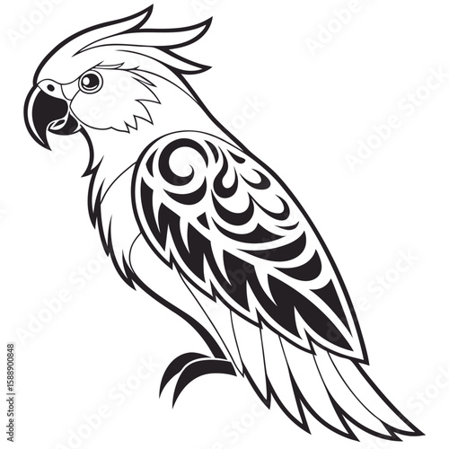 Ornate cockatoo perched, depicted in a stylized silhouette