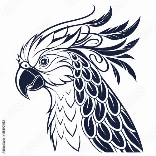 Stylized cockatoo bird head with ornate crest and feathers