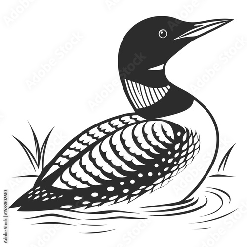 Stylized loon bird illustration in water with grass