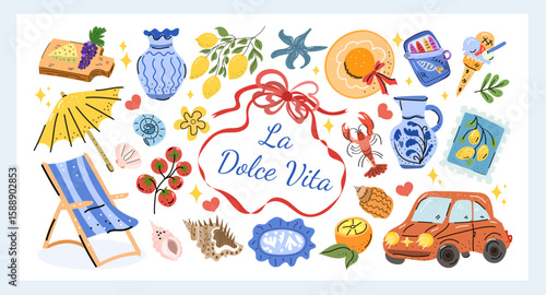 La Dolce Vita Set a bright hand-drawn vector collection inspired by Italian summer, featuring lemons, cheese, wine, sea motifs, a vintage car, sun and seaside vacation vibes. 
