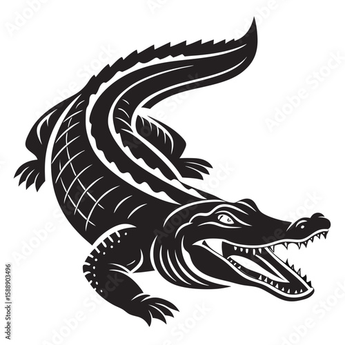 Black and white vector art of a crocodile on white background