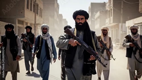 Armed militants with rifles walk through a destroyed city street during a military conflict, a concept for news reporting and geopolitical analysis