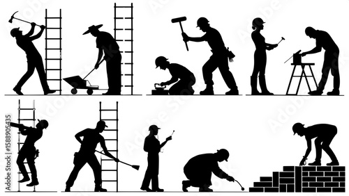 Grid of black silhouette figures showing various trades at a construction site.
Includes carpenters, electricians, plumbers, painters, steelworkers, and masons. Each figure is stylized to reflect thei