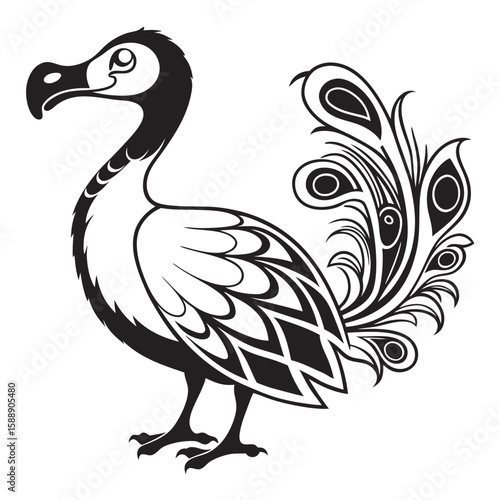 A stylized dodo bird with ornate tail feathers