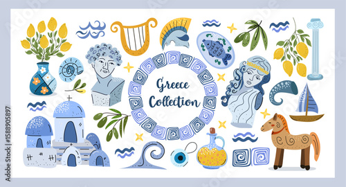 Greece Collection Hand drawn Mediterranean illustrations inspired by Greece architecture, statues, olive branches, lemons, pottery, sea elements, and mythical vibes.
