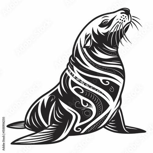 Stylized sea lion with tribal patterns, isolated on white