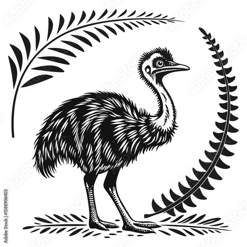 Emu with ornate tribal patterns framed by foliage