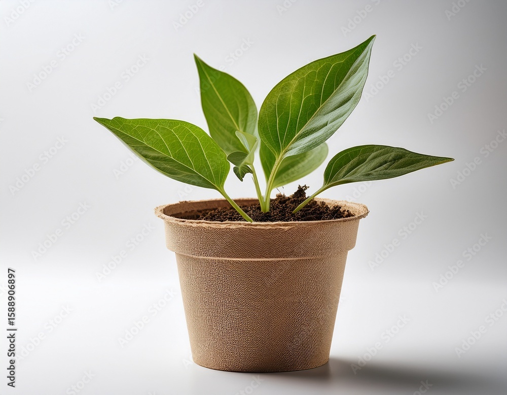 Fototapeta premium a plant in biodegradable pot on white background