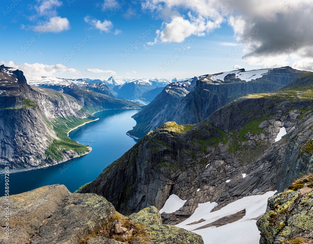 Naklejka premium majestic craggy peaks under azure skies beckon adventurous spirits for alpine day hikes and whimsical trolltunga tales
