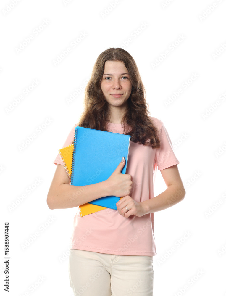Cute teenage girl with notebooks on white background Cute teenage girl with notebooks on white background