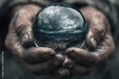 Hands hold crystal ball, stormy reflection