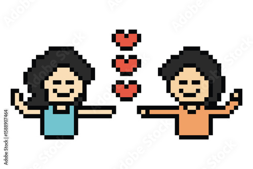 Pixel art cartoon 8bit character couple together feel love happy heart soulmate relationship decoration 8 bit couple in love valentine day game isolated PNG vector.