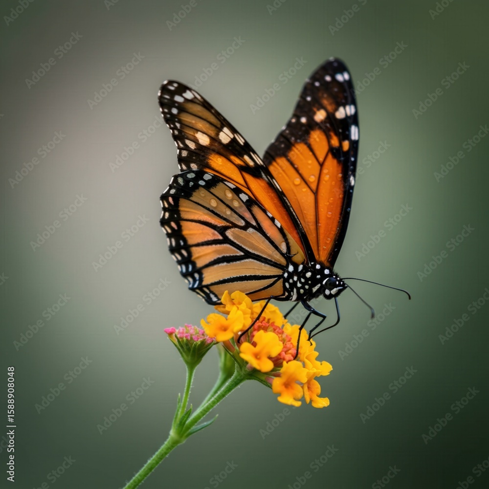 Obraz premium Monarch Butterfly Macro: Dew-Kissed Wings Sipping Nectar in Dreamy Bokeh.