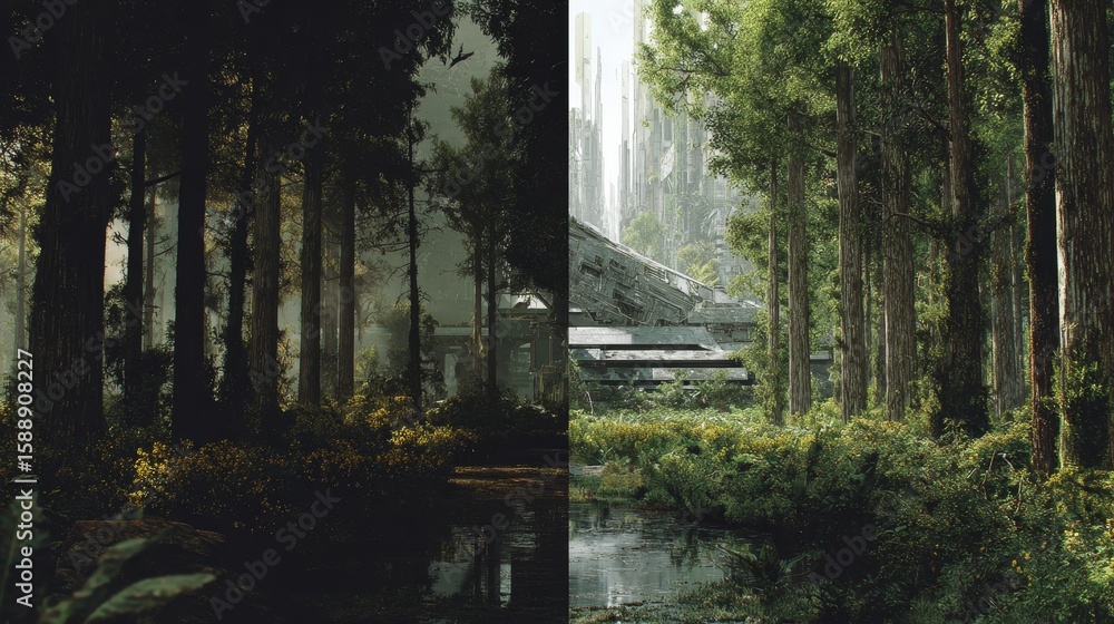 Contrast of Nature and Technology in Surreal Forest Landscape Contrast of Nature and Technology in Surreal Forest Landscape