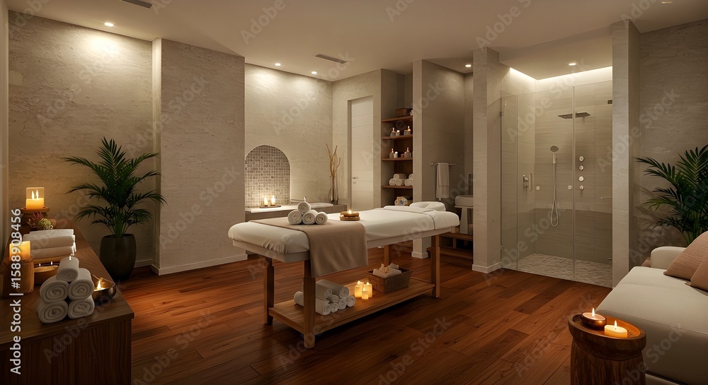 Fototapeta premium Modern Spa and Wellness Room with Massage Table and Relaxing Ambiance