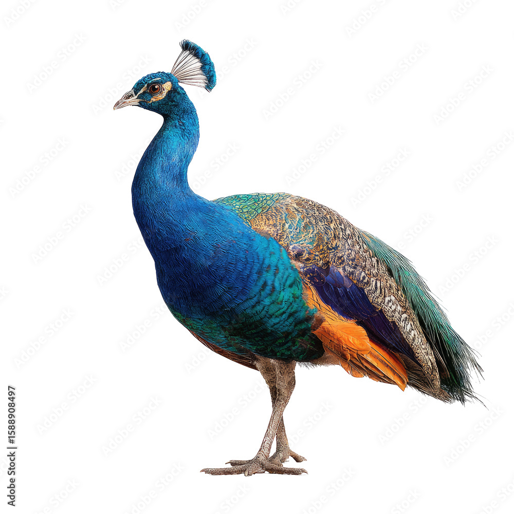 Obraz premium Side view of a peacock with vibrant plumage