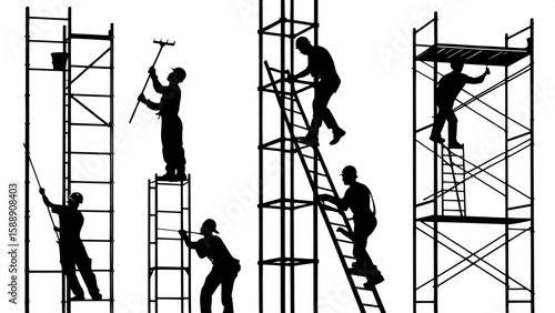 Silhouettes of construction workers on different levels of scaffolding and ladders.
The figures are shown climbing, standing, reaching, or holding tools while elevated. The composition emphasizes vert