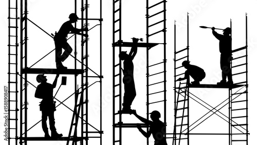 Silhouettes of construction workers on different levels of scaffolding and ladders.
The figures are shown climbing, standing, reaching, or holding tools while elevated. The composition emphasizes vert