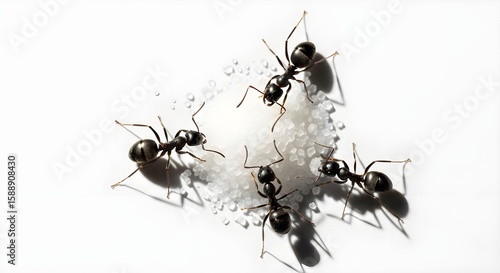 Ants Gathering Sugar on White Background