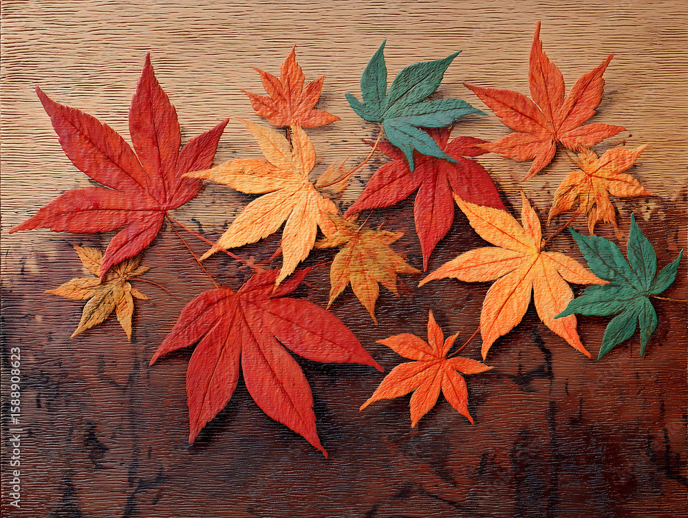 Obraz premium 木目の上に広がる色とりどりの紅葉した楓の落ち葉と秋の温もりを感じる背景