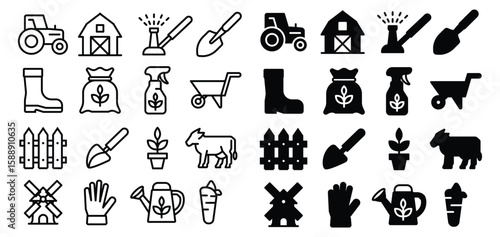 Agricultural Icons Collection Featuring Farming Tools and Animals