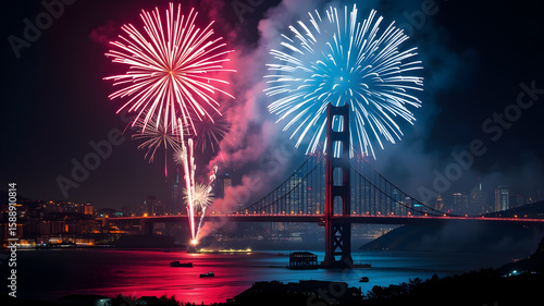 Metallic 3D image of fireworks in san francisco. Generative AI