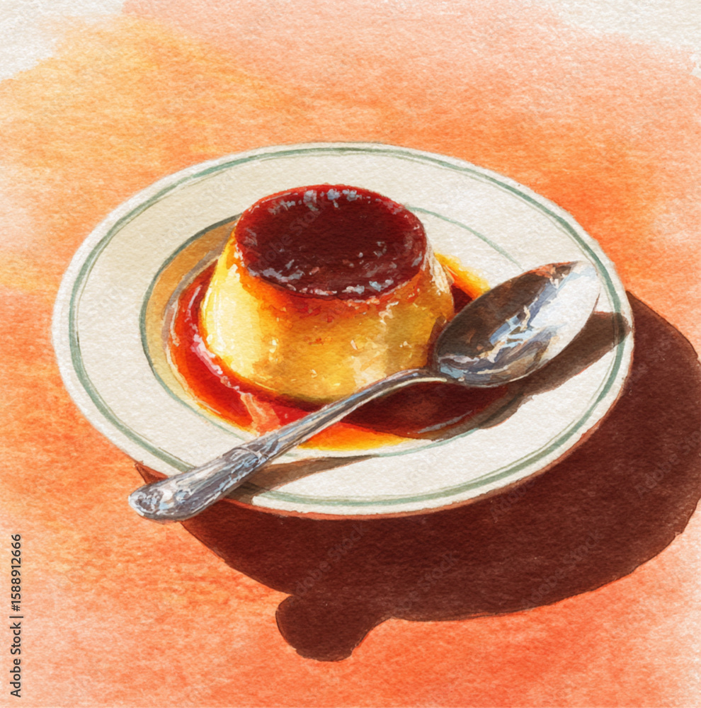 Fototapeta premium A traditional Japanese baked custard pudding with dark caramel sauce on a round white plate, low height, glossy surface, food photography, retro style