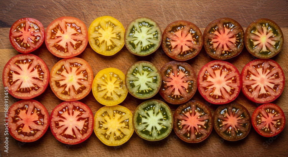 Fototapeta premium Sliced heirloom tomatoes display an array of vibrant colors and intricate patterns, atop wooden surface.