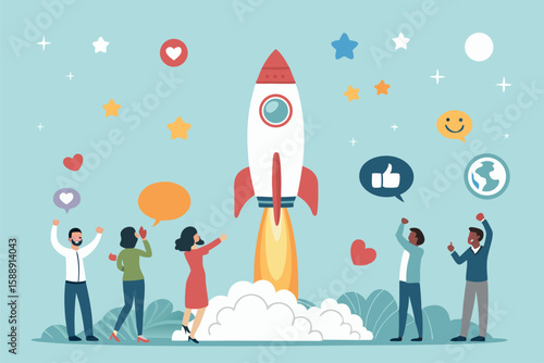 Rocket Launch Illustration Team Celebrating New Business Startup Success Innovation Growth Dreams Togetherness Future