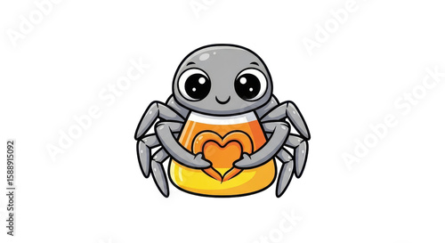A cute cartoon spider with big eyes holds a candy corn heart against a black background, ideal for Halloween designs.