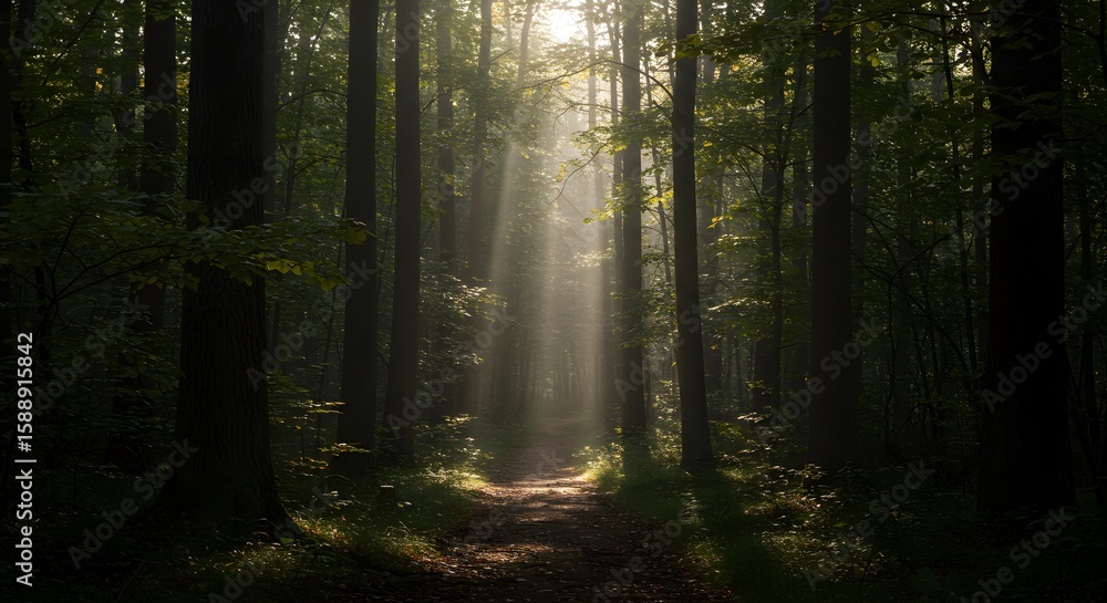 Fototapeta premium Sunbeams Through Forest Trees A Serene Nature Scene