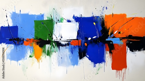 Abstract Colorful Canvas Painting Blue Green Orange White Modern Art