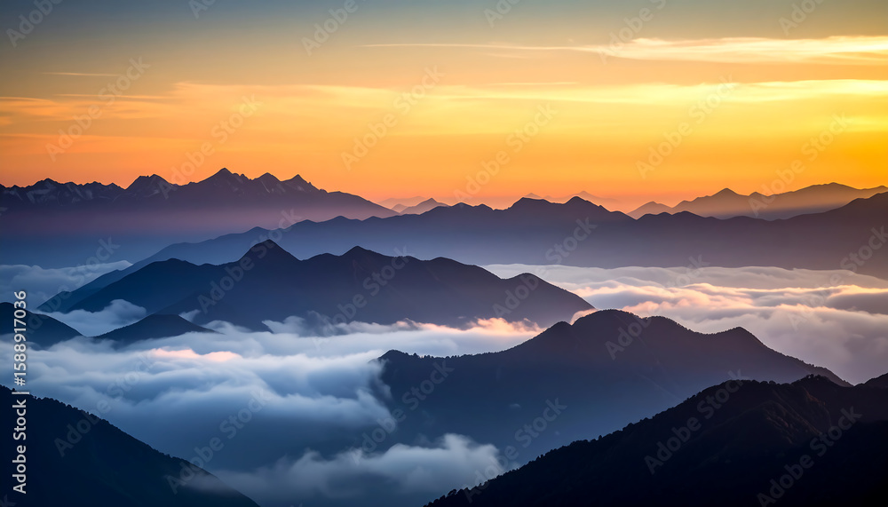 Obraz premium A stunning landscape photograph showcasing the golden hour light hitting the tops mountain