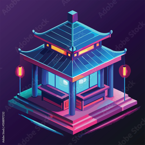 Futuristic Neon Gradient Vector of Rooftop Tea House