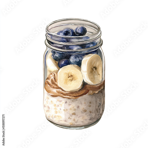 breakfast healthy pudding in a jar banana porridge granola blueberries peanut butter on white watercolor illustration 